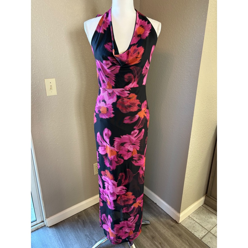 SHEIN‎ Womens Pink Floral Halter Maxi Dress Cowl Neck Open Back Size 6 Medium
